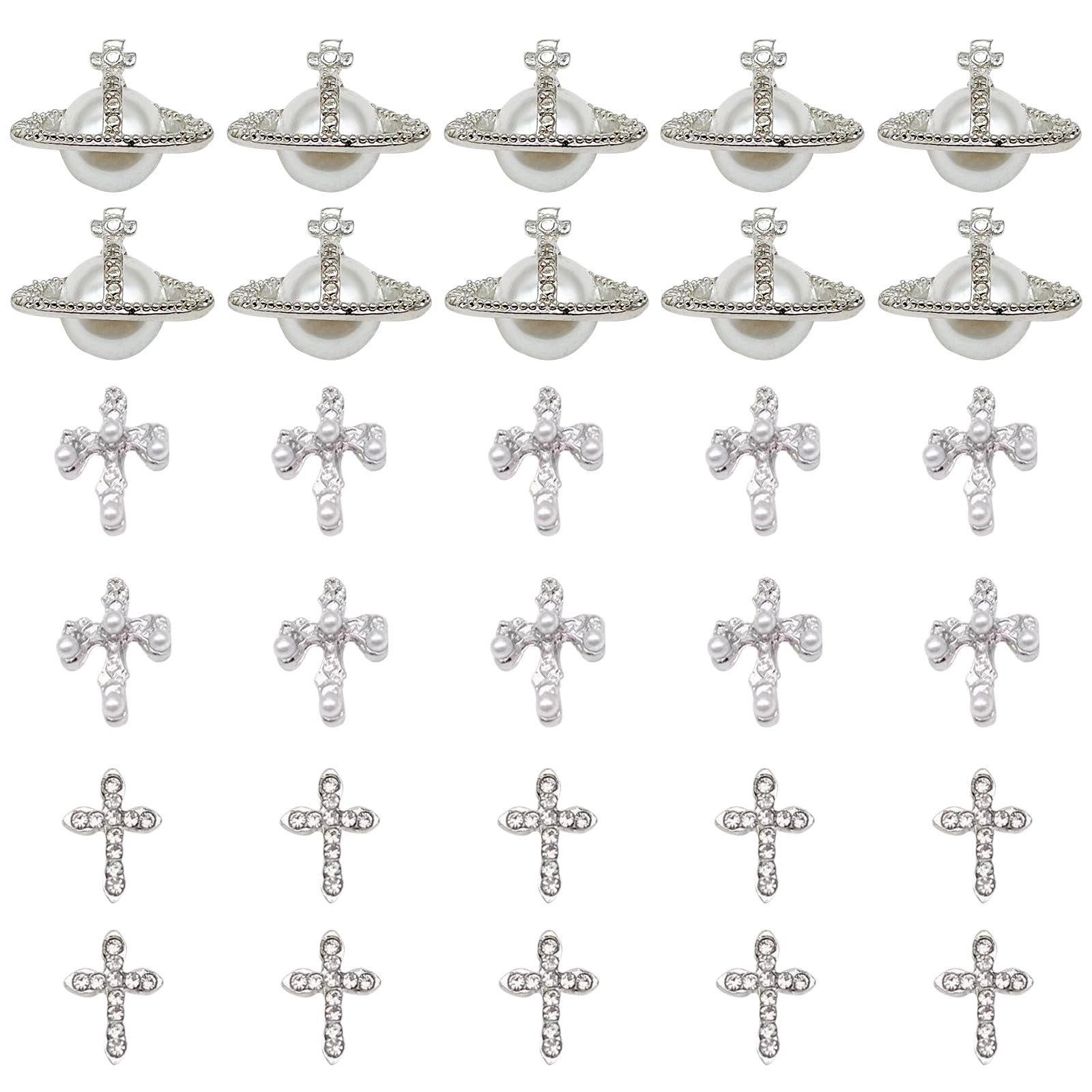 Planet Nail Art Charms, 30 Pcs Silver Planet Nail Charms Nail Gems Cross Nail Rhinestones Luxury Nail Jewelry Accessories for Women Girls DIY Jewelry Making Nail Decorations (Silver A)
