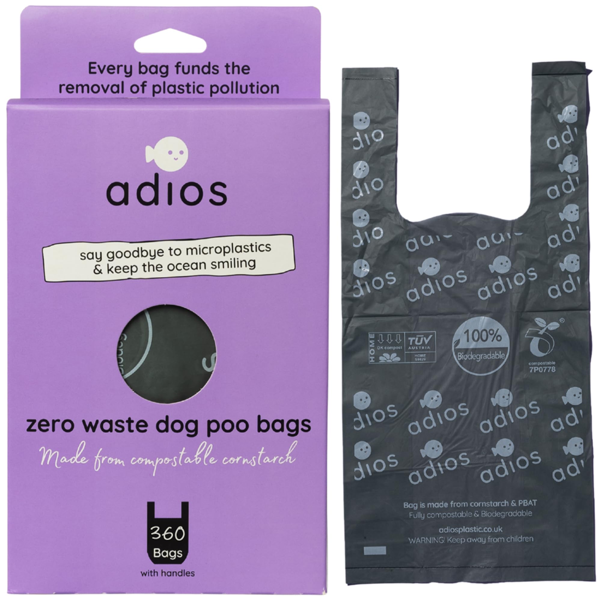 Adios Plastic - Compostable Loose Dog Poop Bags with Handles, 360 Count in Dispenser Box - Grey Colour - Extra Thick, Leakproof, Odour Proof Waste Bags - Made from Compostable Cornstarch - Easy Tear