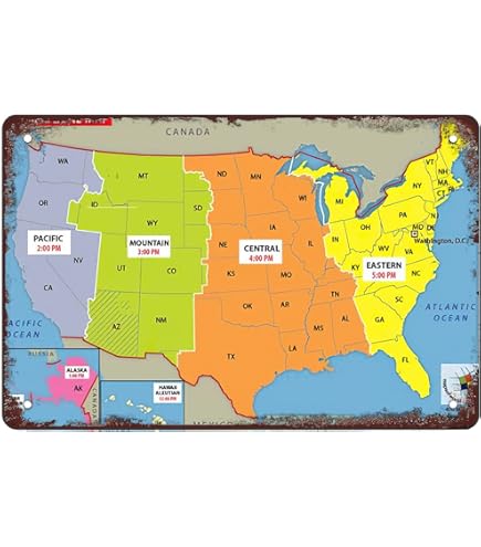 Targa In Metallo Vintage Mappa Fusi Orari USA | Rosefinch Stone Decorazione Da Parete Retrò, 20x30 Cm, Per Garage Bar