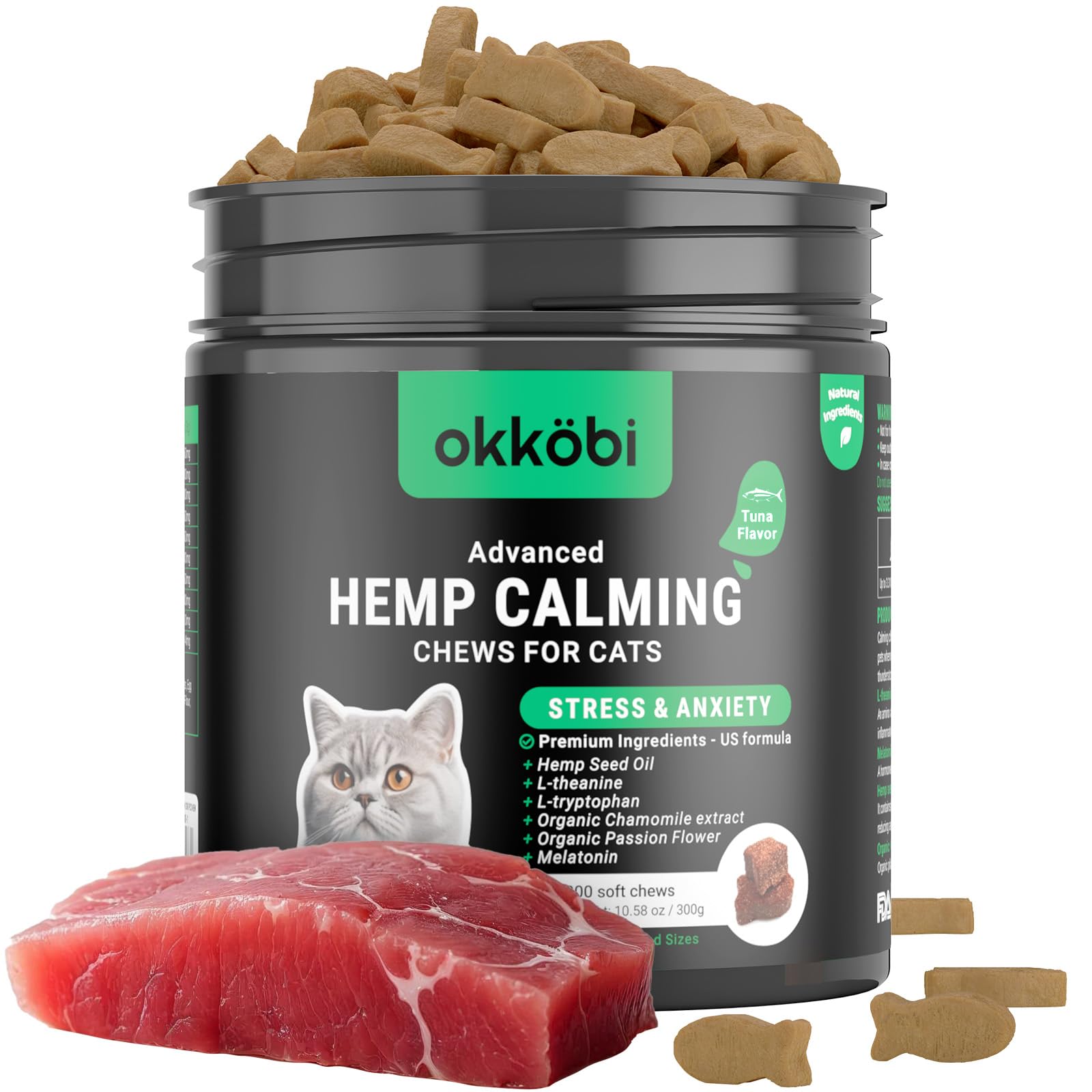 Photo 1 of Okköbi  Calming Chews for Cats (200 pcs) – Anxiety Relief with Melatonin – for Stress, Travel, Vet Visits, Grooming – Calming Treats for Felines - Tuna Flavor