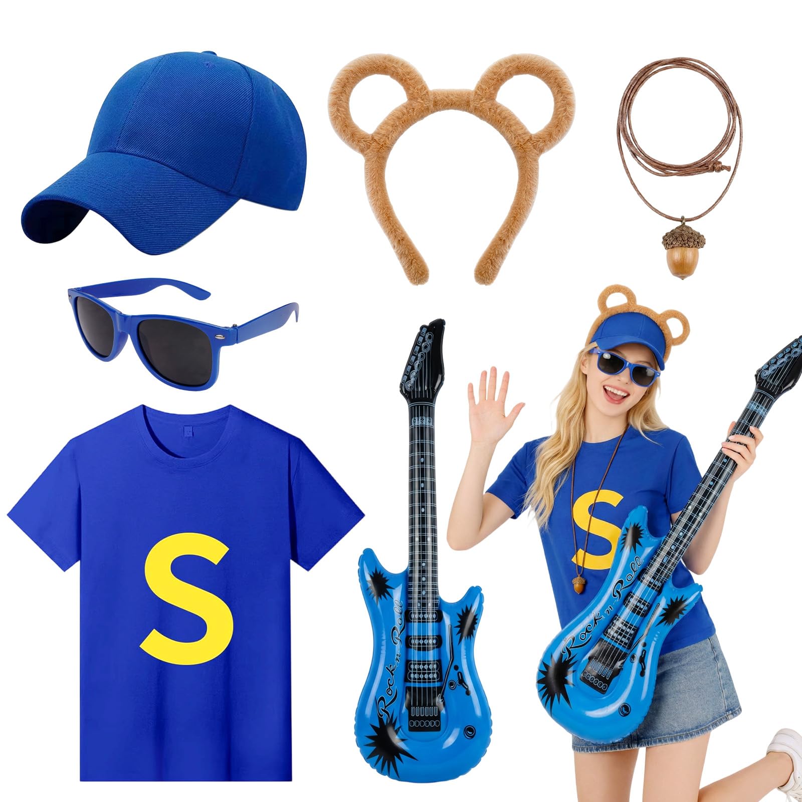 6Pcs Chipmunks Costume Set for Adults, Chipmunk Fancy Dress Set with T-Shirt Baseball Cap Chipmunk Ears Headband Glasses Acorn Necklace Inflatable Guitar for World Book Day, Halloween, Cosplay Party