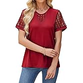 Quatrefox Womens Summer Lace Tops Trendy 2025 V Neck Short Sleeve T Shirts Casual Blouses Loose Shirts Business Work Shirts