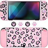DLseego Love Case Design for Switch OLED Console 2021, Anti-Slip Shock-Absorption Plastic Protective Soft Carrying Case and Joy Con Controller with 4 PCS Cat Paw Thumb Grips Caps - Heart Pink