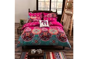 Erosebridal Bohemian Duvet Cover Sets 3 Pieces Exotic Style Bedding Coverset Boho Bedding Set Blue Red Floral Bedspread Set Printing Microfiber Comforter Cover Boho Queen Size