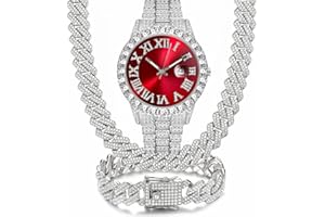 NUAYA 3PC Mens Iced Out Watch 40mm with Diamond Roman Dial and Matching Iced Out Nugget Bracelet Necklace - Quartz Movement - 14k Gold Tone Silver Gold Jewelry Sets