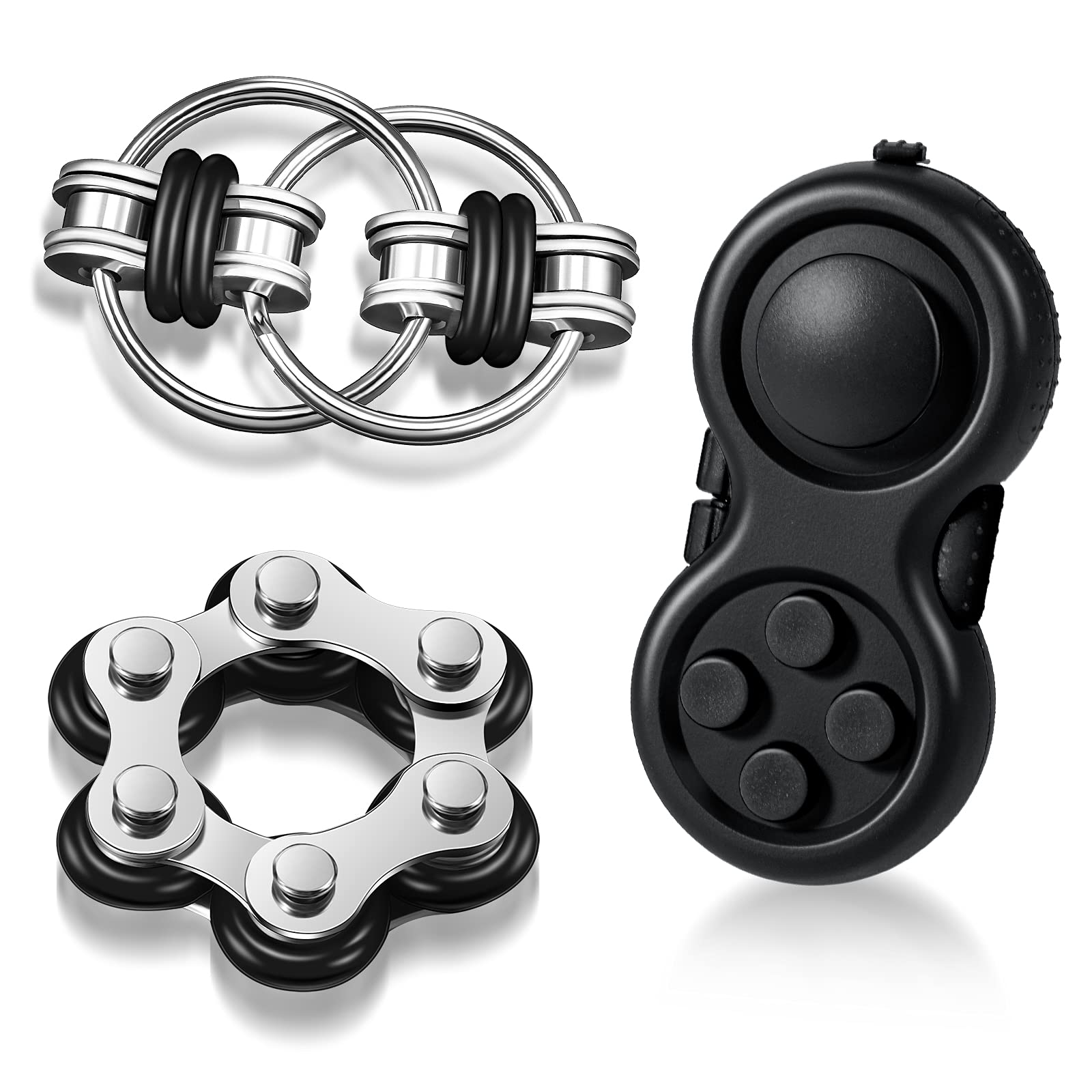 Photo 1 of Gejoy 3 Pcs Fidget Toys Adults Set Handheld Fidgets Controller Pad Game Six Roller Chain Key Flippy Chain Autism Sensory for ADHD Add OCD Autism Anxiety Stress Relief Teen Kids(Black)