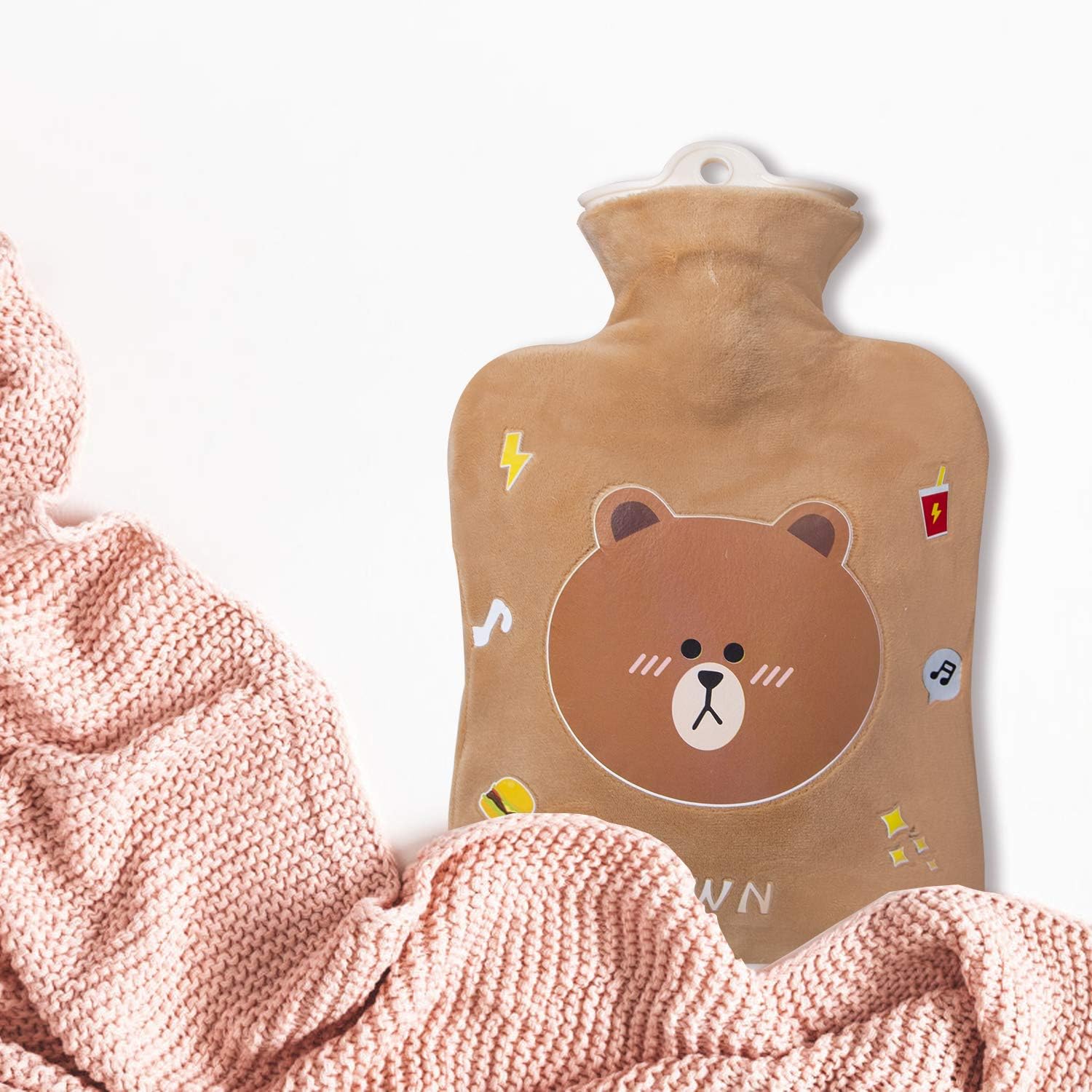 Hot Water Bottle, 1 Liter Water Bag with Cute Fleece Cover, Brown Bear: Health & Personal Care