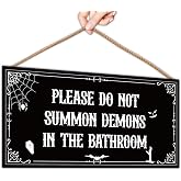 Vintage Funny Gothic Halloween Bathroom Decor, Witchy Gothic Decor Indoor, Please Do Not Summon Demons In The Bathroom Wooden Sign for Wall, 5.9 * 11.8 Inch