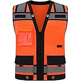Class 2 High Visibility Reflective Safety Vests Women & Men With 15 Pockets And Zipper Front,Meets Ansi/Isea Standards