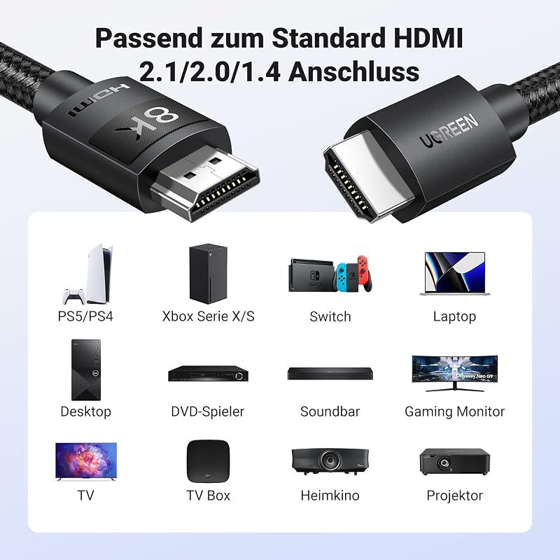 HDMI 2.1 Kabel, zertifiziert, 8K@60Hz, 4k@240Hz/120Hz, 48Gbps, 2M
