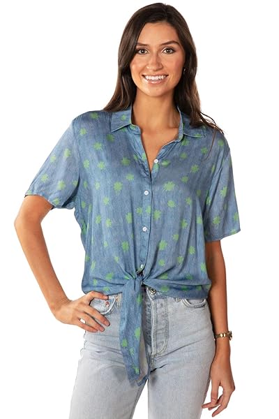 TIPSY ELVES CHAMBRAY CLOVER TIE-FRONT WOMEN’S SHORT SLEEVE BUTTON-DOWN HAWAIIAN SHIRT WITH GREEN CLOVER DESIGN SIZE S
