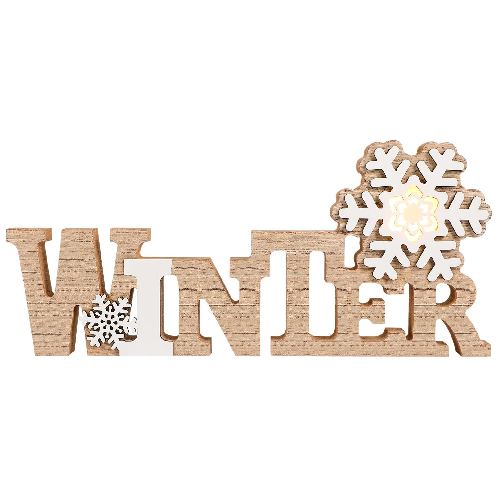 BESPORTBLE Winter Words Snowflake Sign: Wooden Christmas LED Winter Sign Tabletop Decor Christmas Plaque Freestanding Wood for Xmas Table Home Party