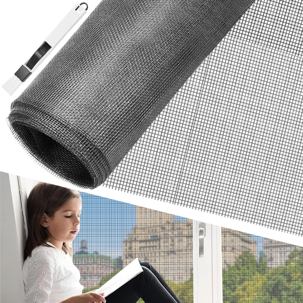 BUZIFU Window Screen Mesh 100 x 250cm Fiberglass Screen Fly Screen Wire Mesh Insect Mesh Replacement Cuttable Mosquito Net Pet Screen with Cleaning Brush for Windows Doors Patio, Cat-Proof, Grey