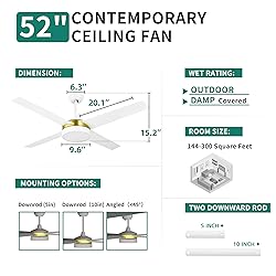 YITAHOME 52 Inch White Gold Ceiling Fans with Light