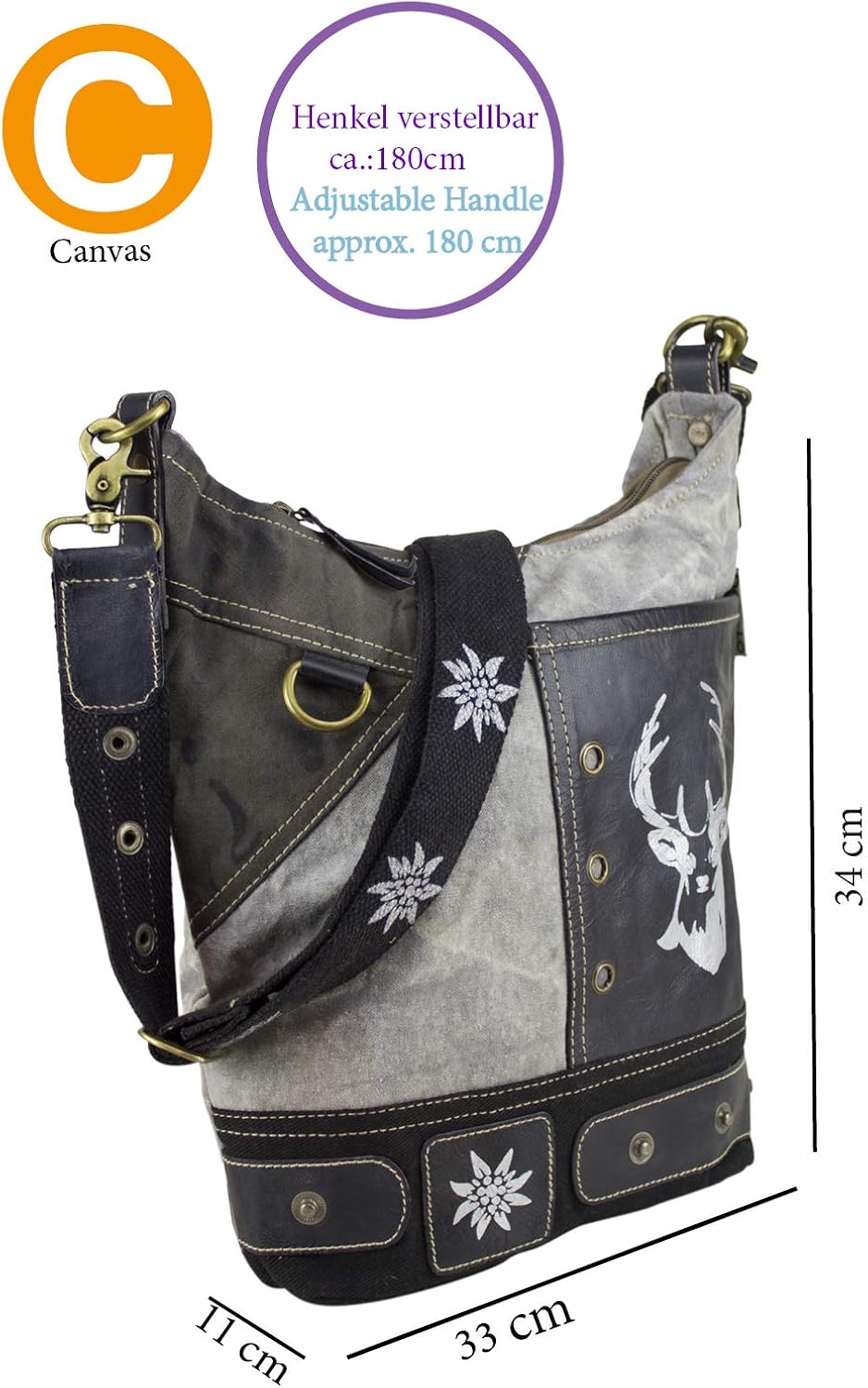 Domelo Traditional Women's Hobo Traditional Dirndl Bag Shoulder Bag Vintage Bag Shoulder Bag Handbag Canvas Bag Oktoberfest Wiesn Traditional Grey Black - Image 4