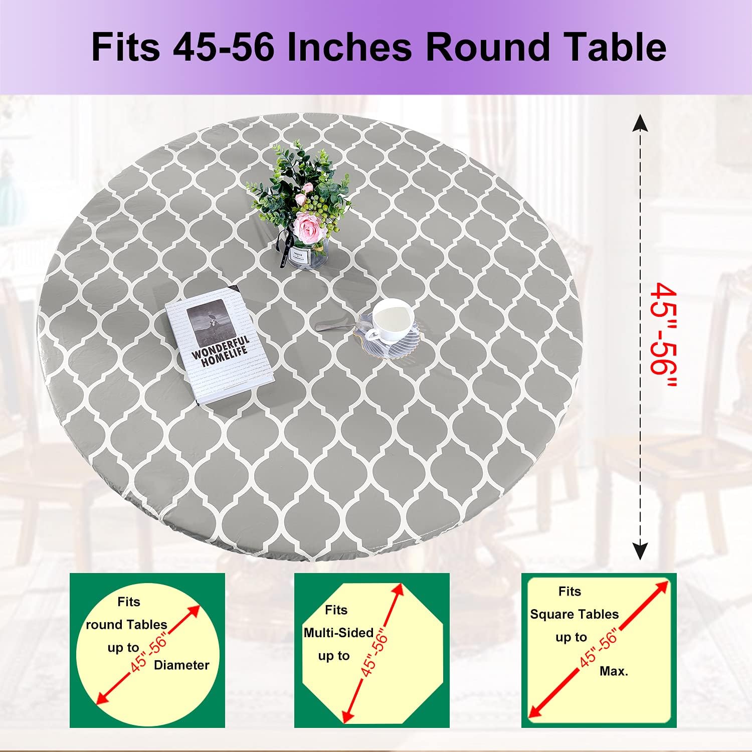 Heavy Duty Vinyl Round Fitted Tablecloth, Gray Moroccan Design, Spillproof Waterproof Elastic Table Cover with Flannel Backed Lining, Fits 45" to 56" Round Table, for Indoor/Outdoor Use : Garden & Outdoor