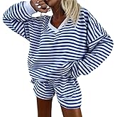 Melliflo Women 2 Piece Outfits Lounge Sets Striped Print Long Sleeve V Neck Sweatshirt and Shorts Set Sweatsuit