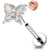 MeIighting 16G Butterlfy Threadless Helix Stud, Stainless Steel 316L Flat Back Earring, Cartilage Piercing Jewelry Clear CZ Lobe Tragus Piercing for Women 6/8 mm