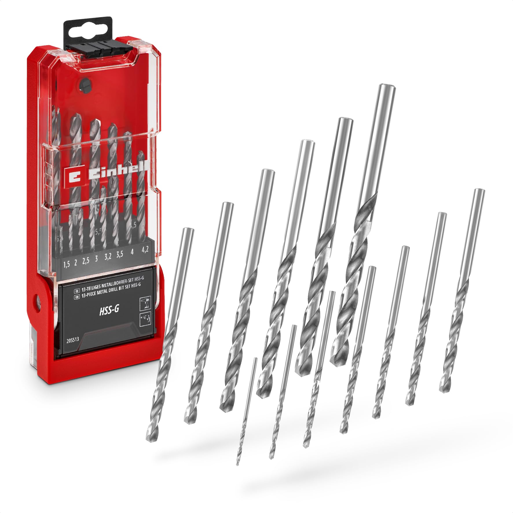 Original Einhell 13-Piece HSS-G Metal Drill Bit Set (HSS 4241 Steel, Highly Polished, 135° Split-Point Tip, Milled Type N Spiral, Round Shank Incl. Storage Box)