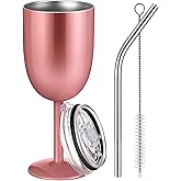 Ninehaoou 1 Pc Insulated Wine Tumbler with Lid Straw Brush 10oz Stainless Steel Glasses Cups Double Walled Vacuum Insulated Wine Tumbler for Christmas Women Men Holiday Birthday Gifts (Rose Gold)
