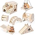 Hamster Toys 7pcs Wooden Hamster Cage Accessories Include Hamster Cage Hamster House,Ball,Seesaw Bridge Hamster Hideout Hamster Swing and Exercise Toys for Hamster,Guinea Pig and Other Small Animals