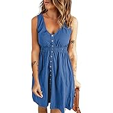 BLENCOT Casual Dresses for Womens V Neck Sleeveless Button Down Summer Short Dress Blue XS