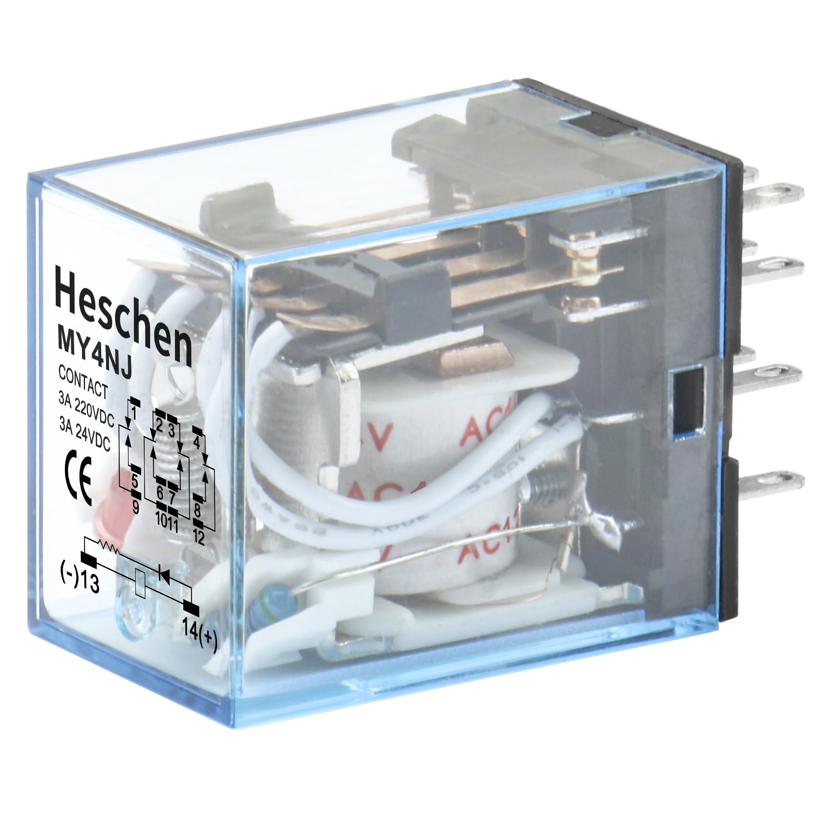 Heschen Gereral Purpose Power Relay MY4NJ 12 VAC Coil 3A 220VAC/24VDC 4PDT LED Indicator 14 Pin terminals