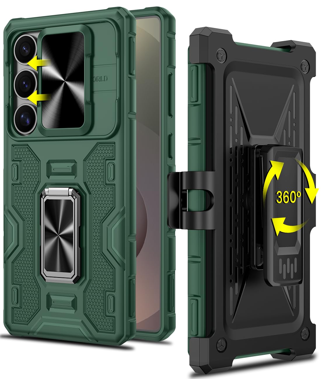 Caka for Samsung Galaxy S25 Ultra Case with Belt Clip Holster Slide Camera Cover Built-in 360° Rotate Ring Holder Stand Heavy Duty Shockproof Protective S25 Ultra Case 2025, Dark Green
