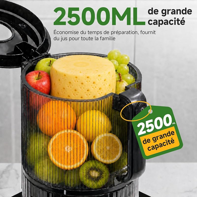Extracteur de Jus, Fruits Entiers 155mm Large Goulotte, Extraction à Froid Haut Rendement, Facile à Nettoyer, 2,5L Séparateur, Jus du Matin, Petit Déjeuner Sain