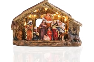 AIRCITY Christmas Nativity Set with LED Lights, One-Piece Resin Nativity Scene Indoor Decor, Holy Family Christmas Display, Perfect for Tabletop or Mantel, Gift for Family & Kids, 6.9" H x 10.8" L x 3.5" W