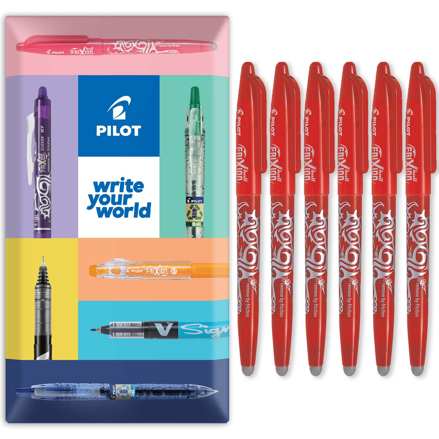 PILOT Frixion Heat/Friction Erasable Rollerball Pen FR7 - Medium Line 0.7mm Tip Nib - In Envelope Gift Packaging - Pack of 6 - Red