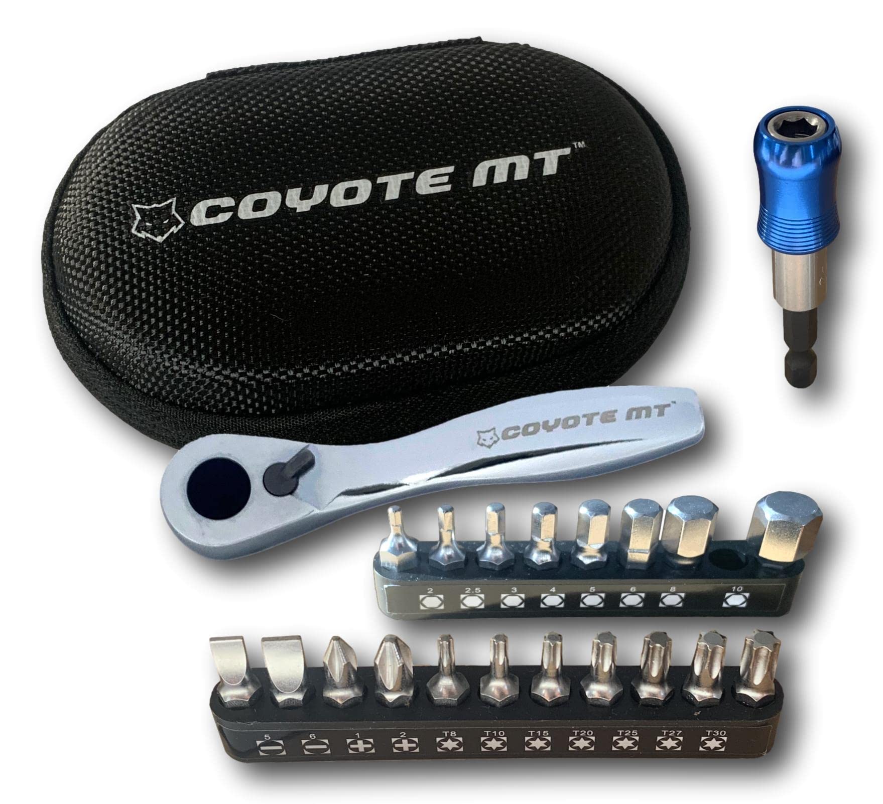 COYOTE MT Mini Ratchet Tool Set Professional & Stylish Multitool Repair Kit for Road & Mountain Bikes - Compact Multi Tool for Your Bicycle, Home or Work - 19 x S2 Bits & Hard Case Pouch