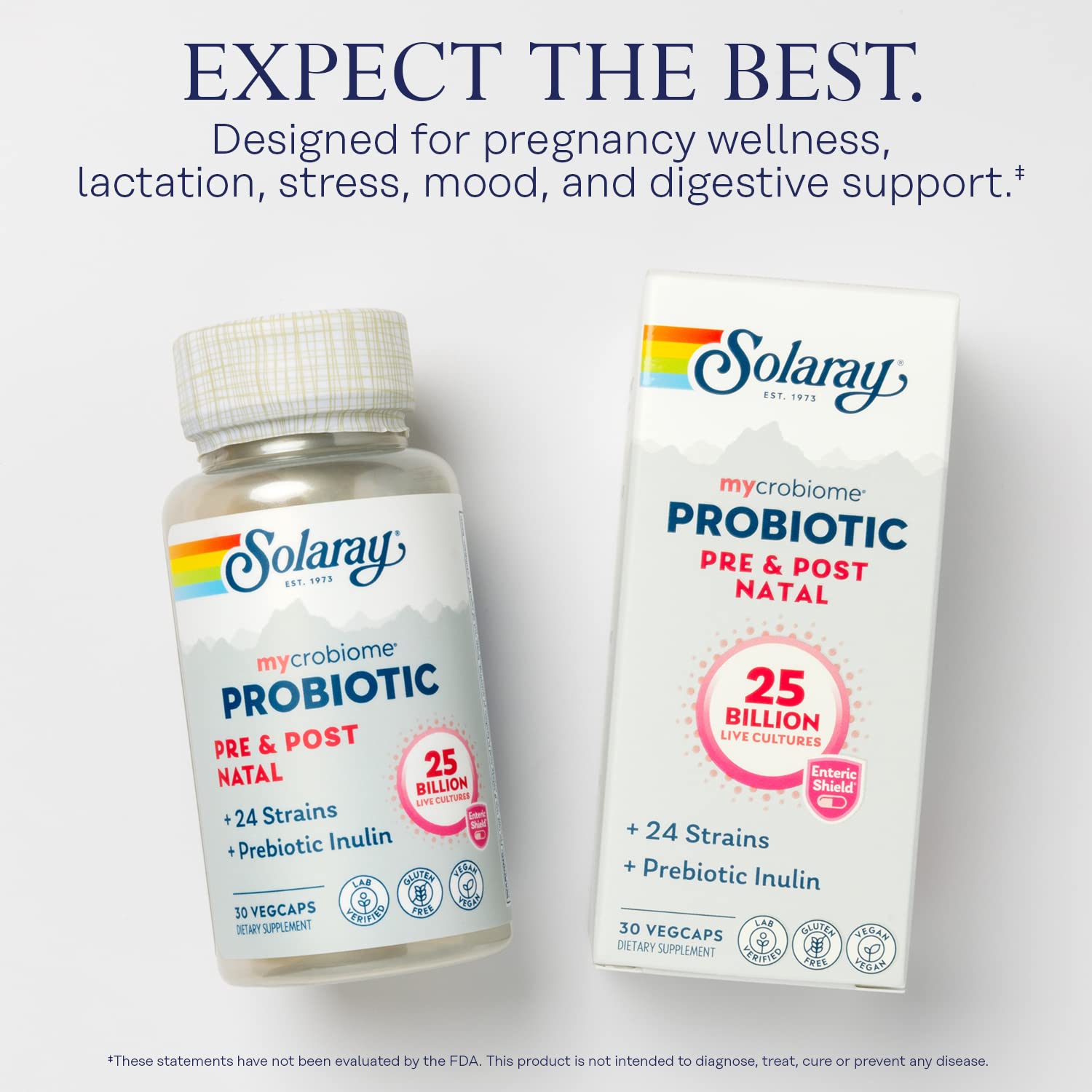 SOLARAY Mycrobiome Probiotic Pre and Post Natal Formula, Prenatal Probiotics for Women, Pregnancy Wellness, Lactation, Stress, Mood, and Digestive Support, 25 Billion CFU, 30 Servings, 30 VegCaps