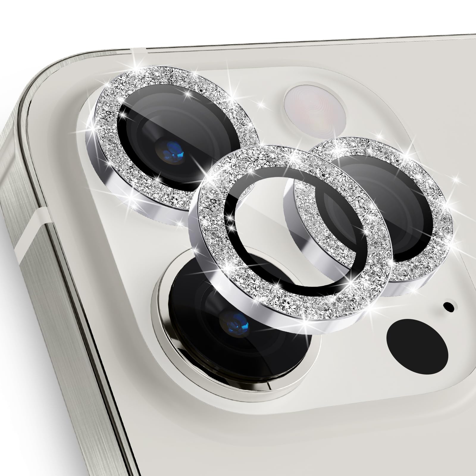 imluckies for iPhone 15 Pro - iPhone 15 Pro Max Camera Lens Protector Bling, HD Clear Aluminum Alloy Individual Ring, 9H Tempered Glass Camera Back Screen Protection Film, Glitter Silver