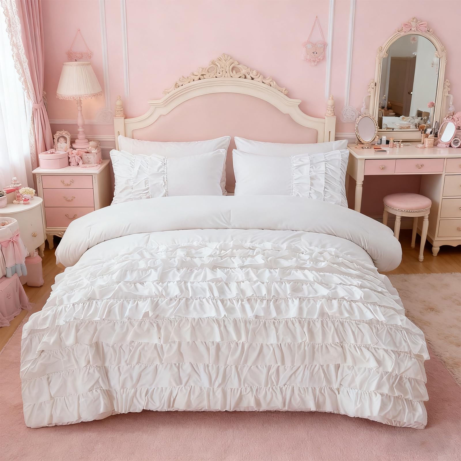 View 1 of Holawakaka White Waterfall Ruffle Comforter Set Twin Size Multi-Layers Ruffled Shabby Chic 3PCS Bedding Set for Girls Women