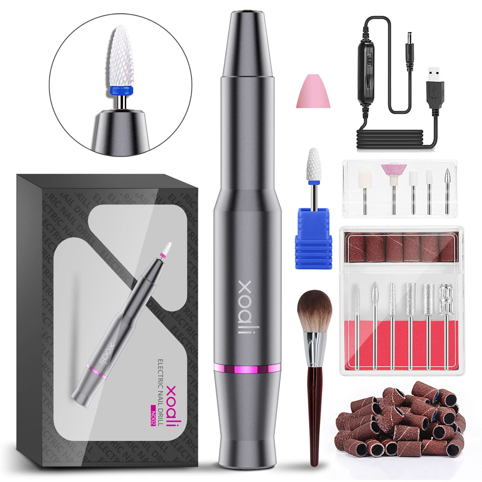 Xoali Electric Nail Files 25000RPM, Professional Nail Drill 12 in 1, Speed-Adjustable Efile Kit with Ceramic Bit for Nail Drill, Manicure and Pedicure Tools for Nail Art DIY, Home or Salon Use
