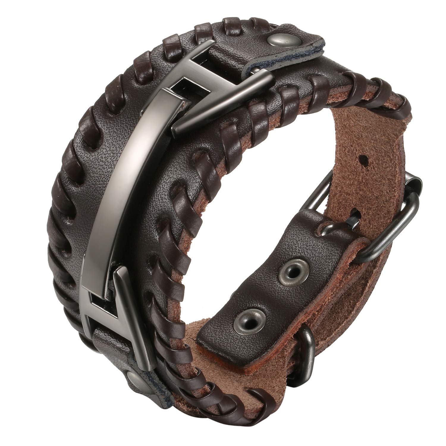 Cupimatch Men Brown Adjustable Wide Leather Bracelet, Alloy Punk Braided Belt Cuff Bangle Wristband 7.8 inch for Fathers Day