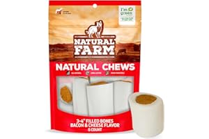 Natural Farm Bacon & Cheese Filled Bones (3-4 Inch, 6 Pack), Limited Ingredient, Natural Stuffed Dental Dog Bone Treats for Dogs, Made with Real Beef