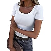 Roselux Women's Summer Scoop Neck Short Sleeve T-Shirts Ribbed Knit Slim Fitted Casual Basic Top