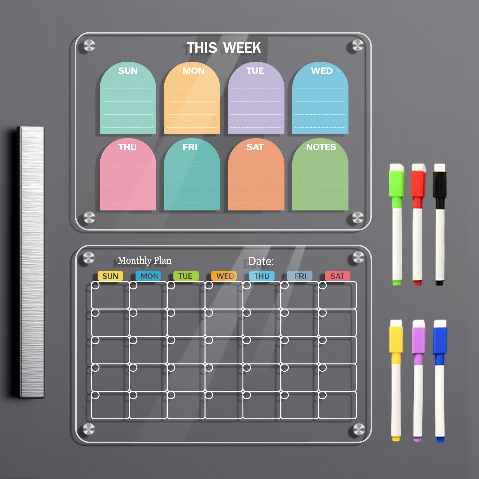 Photo 1 of 2 Pcs Acrylic Magnetic Calendar for Refrigerator Planning Board Dry Erase Board Bundle with Markers?Clear Weekly and Monthly Planner Fridge Calendar
