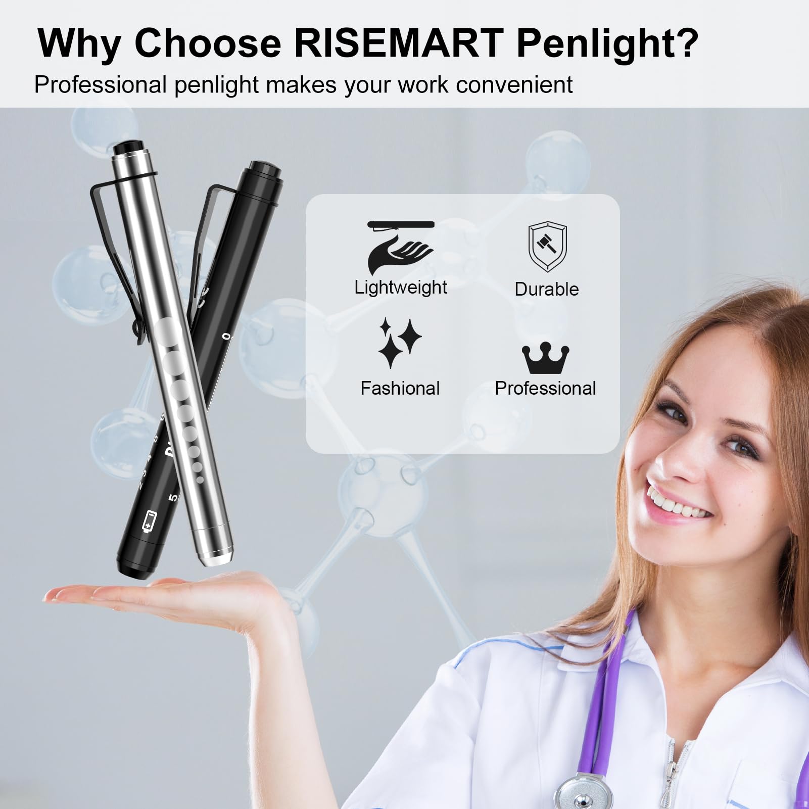 RISEMART Pen Light, Nurse Led Medical Penlight with Pupil Gauge for Nursing Students Doctors Black and Silver with Batteries