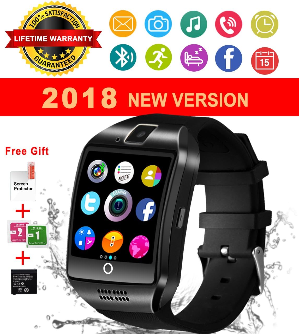 Bluetooth Smart Watch With Camera Waterproof Smartwatch Touch Screen Unlocked Cell Phone Watch Smart Wrist Watch Smart Watches For Android Phones Samsung IOS iPhone 6S 7 7S 8 X Plus (black)