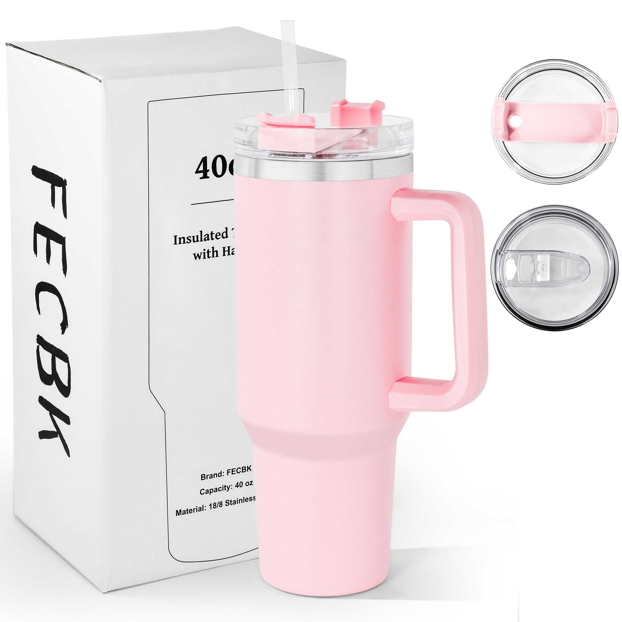 FECBK 40oz Tumbler with Straw and Lid 1.2L, 100% Leak-Proof Travel Mug with Handle, Stainless Steel Vacuum Insulated Water Bottle Coffee Cup Keeps Cold 34H / Hot 12H, Light Pink