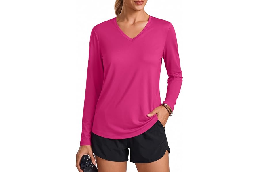 PINSPARK Long Sleeve Workout Tops for Women V-Neck UPF 50+ Running Shirts | Soft, Quick-dry, UV Protection, Side Curved Hem, for Gym, Running, Hiking, Yoga, Pilates, Casual