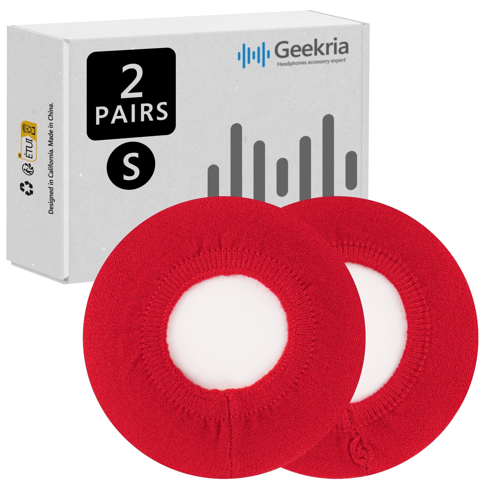 Geekria 2 Pairs Knit Headphones Ear Covers - Product Safety Certified - Washable & Stretchable Sanitary Earcup Protectors for On-Ear Headsets, Sweat Pads for Gym, Meeting (Size S/Red)