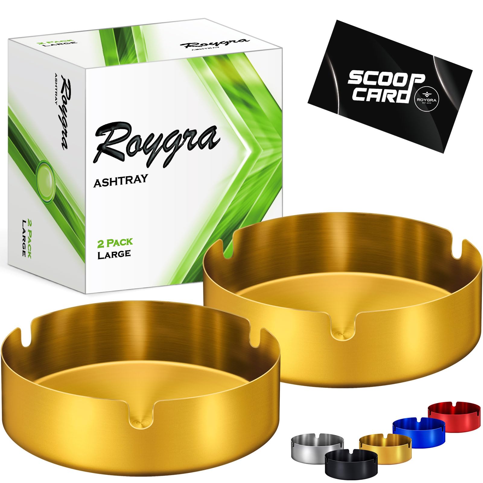 roygra Ash Tray (2 Pack), Outdoor Ashtray for Outside Patio, Stainless Steel Ashtrays for Cigarettes with 3 Holder, Smoking Accessories, Home Décor, Ashtrays for Smokers Indoor - Gold, Large