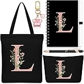 Talltalk 5 Pcs Personalized Women Gifts,Initial Tote Bag,Makeup Bag,Keyring,Notebook,Ballpoint,Black Alphabet Gifts for Women