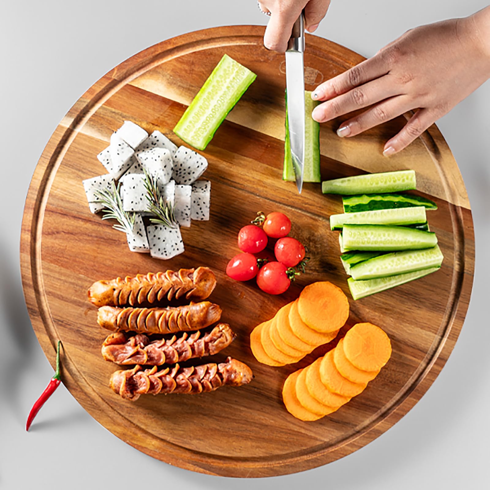 Large Acacia Wooden Chopping Board,JF JAMES.F Round Chopping Boards with Juice Groove, Wood Charcuterie Serving Board for Kitchen Meat Bread Vegetables(40 x 40 x 1.8 cm)