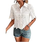 SweatyRocks Women's Short Sleeve Button Down Collared Blouses Embroidery Eyelet Top