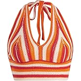 Verdusa Women's Colorblock Striped Crop Halter Top Tie Backless V Neck Going Out Tops Summer Vacation Outfits